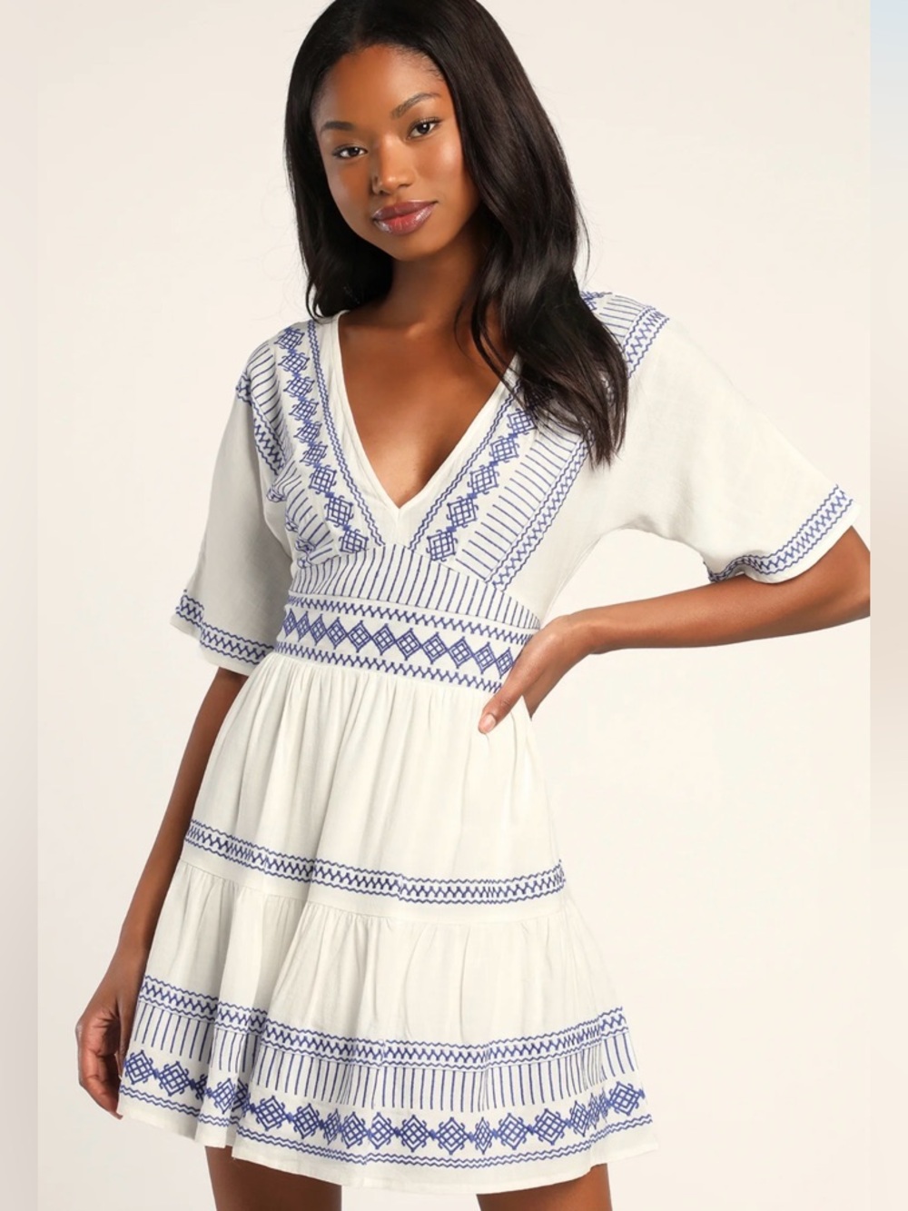 NWT Lulu's White Mini Dress with Blue Embroidered Trim